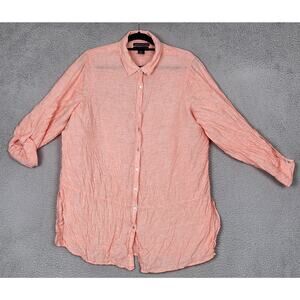 TAHARI Top Womens 1X Pink SalmonCollared Button Up Roll Tab Sleeves 100% Linen